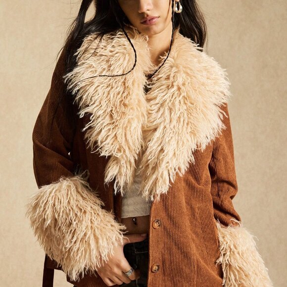 Brown Casual Women's Regular Fit Corduroy Patchwork Jacket - Picture 1 of 8